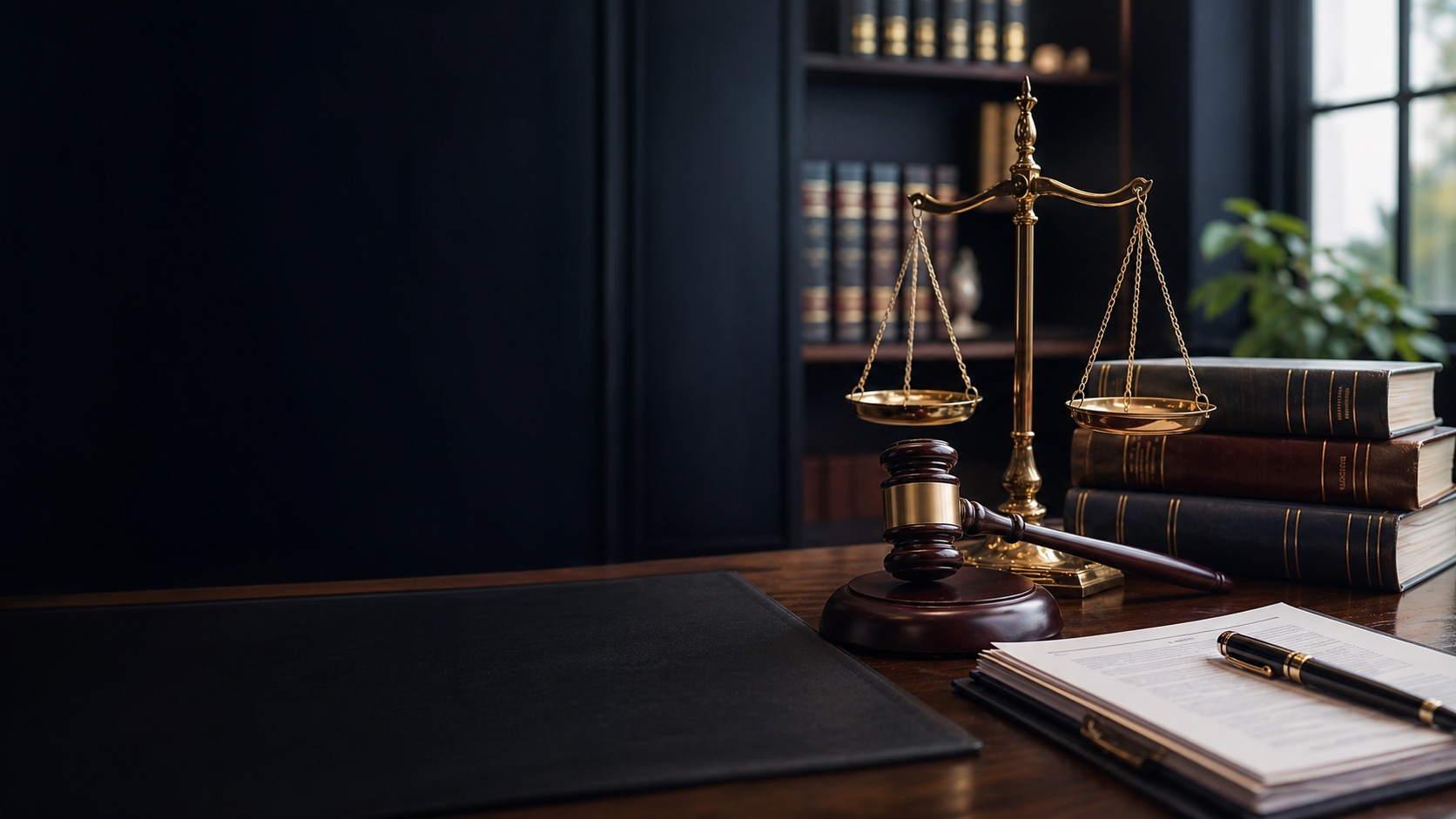 Mesa de advocacia com balança da justiça, livros e documentos